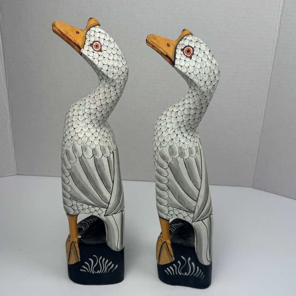 Hand Carved Painted Wood Goose Duck Set of 2 Folk Art Birds Statue Decor